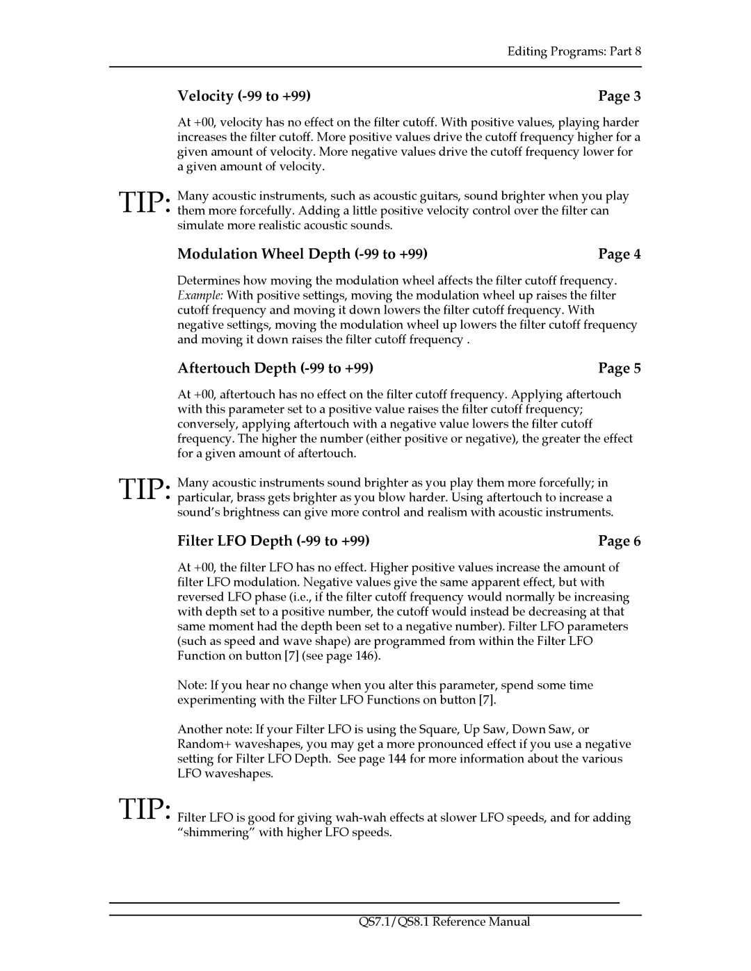 Alesis QS7.1, QS8.1 manual Velocity -99 to +99, Modulation Wheel Depth -99 to +99, Filter LFO Depth -99 to +99 