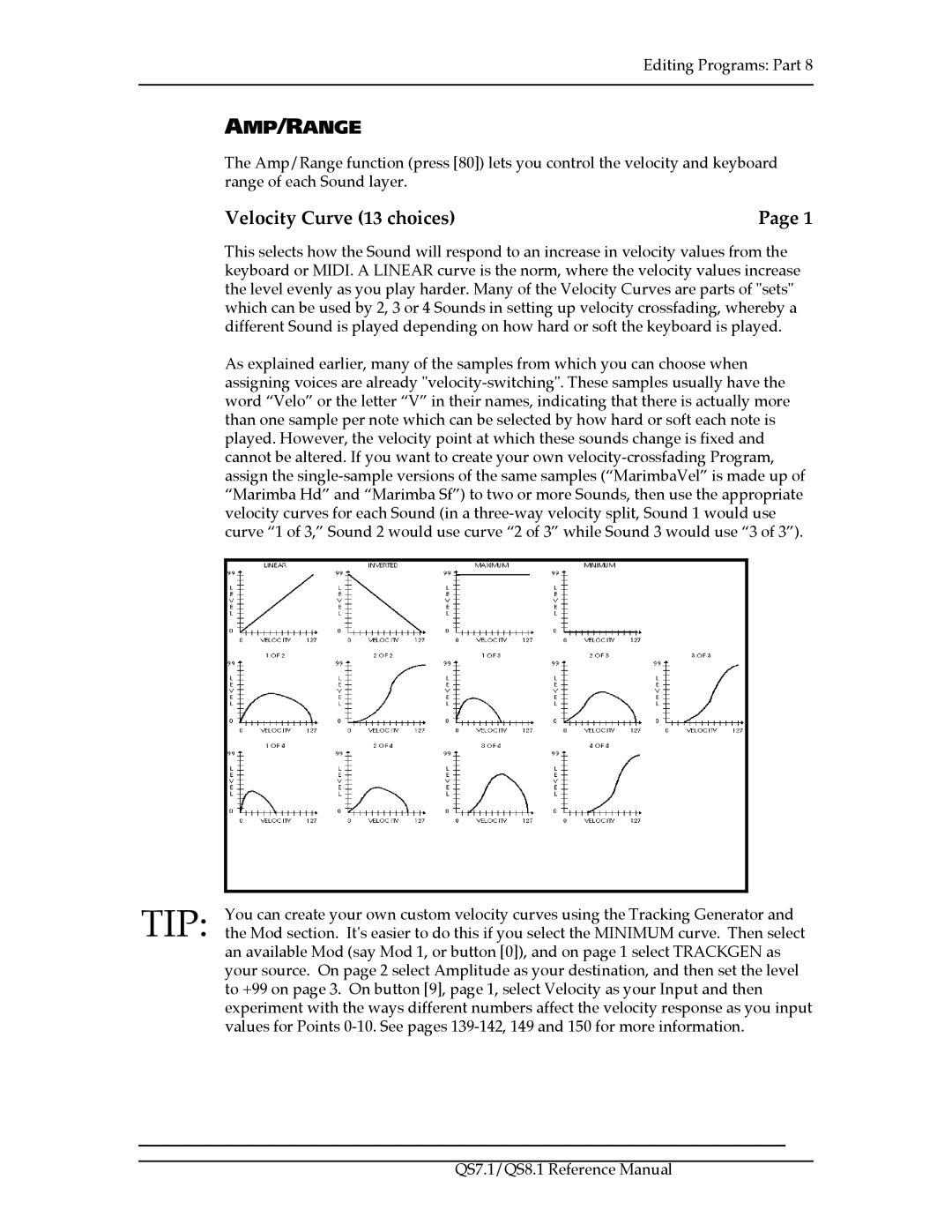 Alesis QS7.1, QS8.1 manual Amp/Range, Velocity Curve 13 choices 