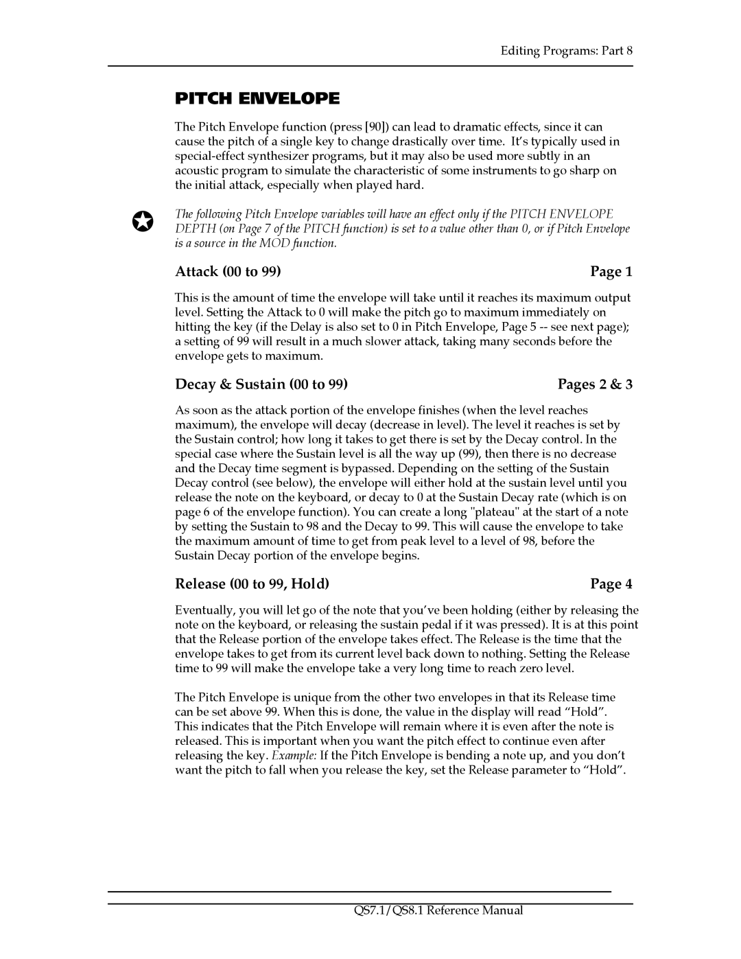 Alesis QS7.1, QS8.1 manual Pitch Envelope, Attack 00 to, Decay & Sustain 00 to Pages 2, Release 00 to 99, Hold 