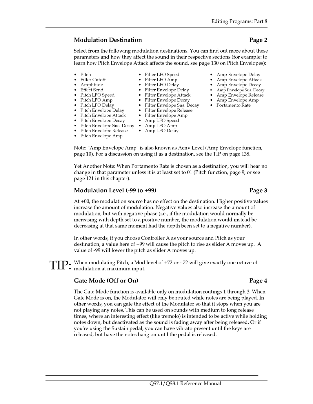 Alesis QS7.1, QS8.1 manual Modulation Destination, Modulation Level -99 to +99, Gate Mode Off or On 