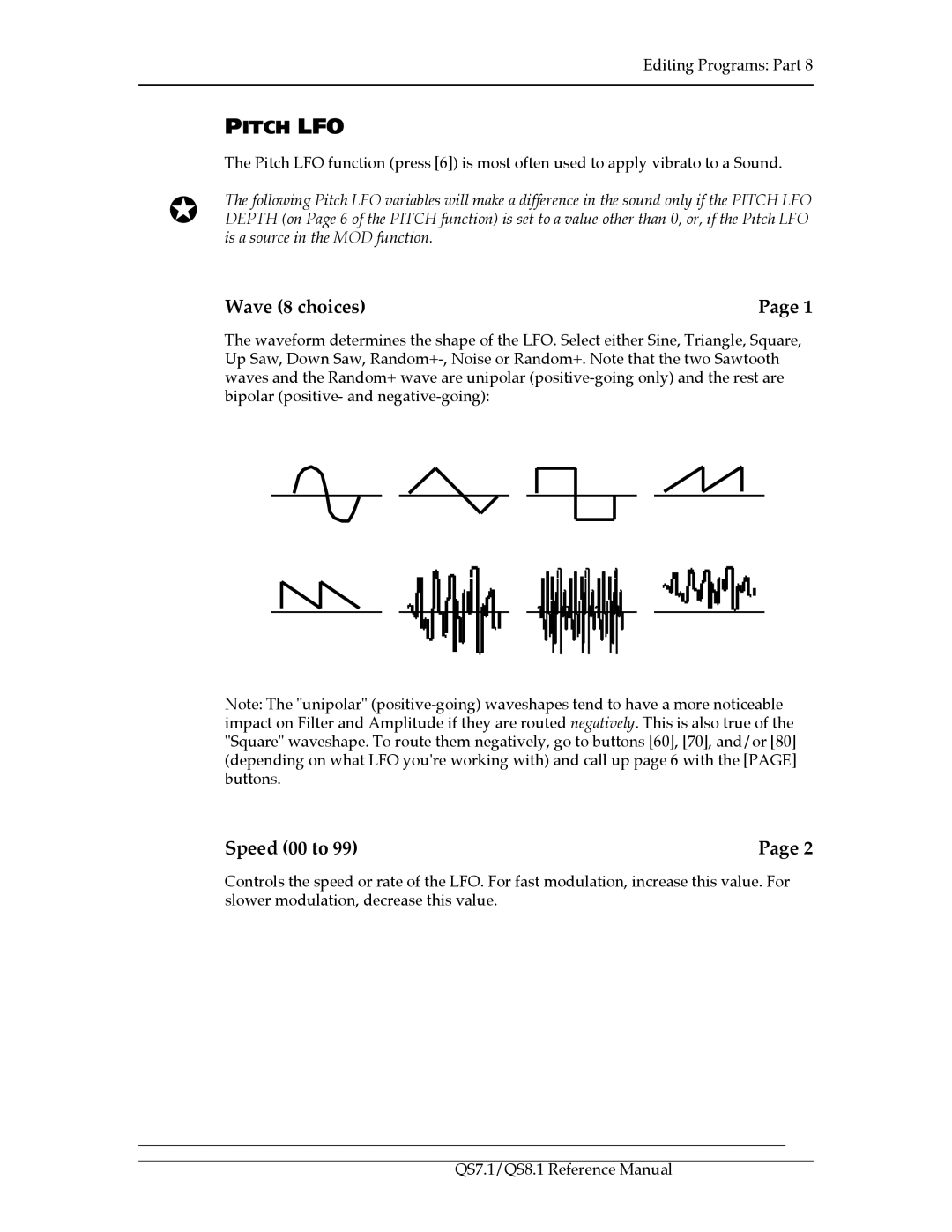 Alesis QS7.1, QS8.1 manual Pitch LFO, Wave 8 choices, Speed 00 to 