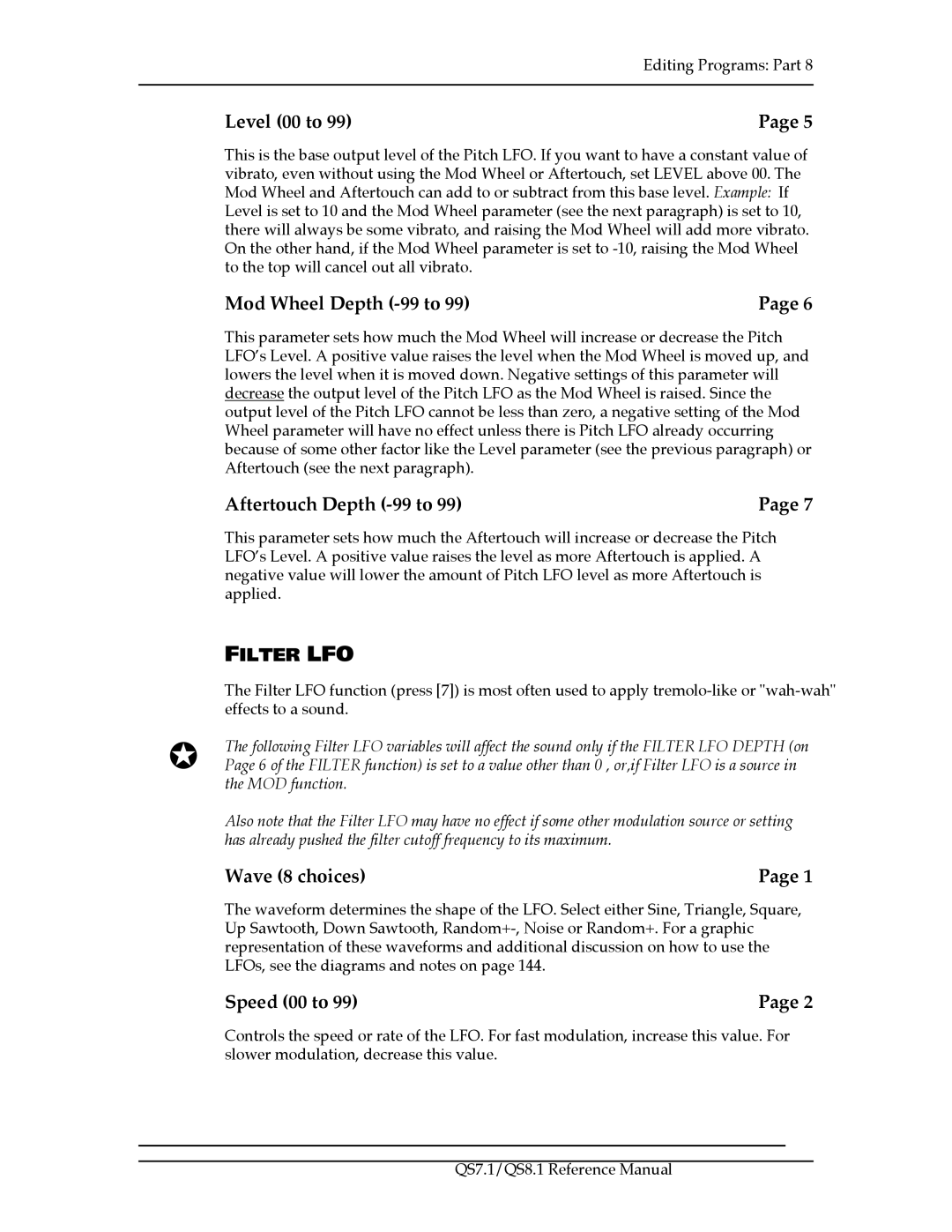 Alesis QS7.1, QS8.1 manual Mod Wheel Depth -99 to, Aftertouch Depth -99 to, Filter LFO 