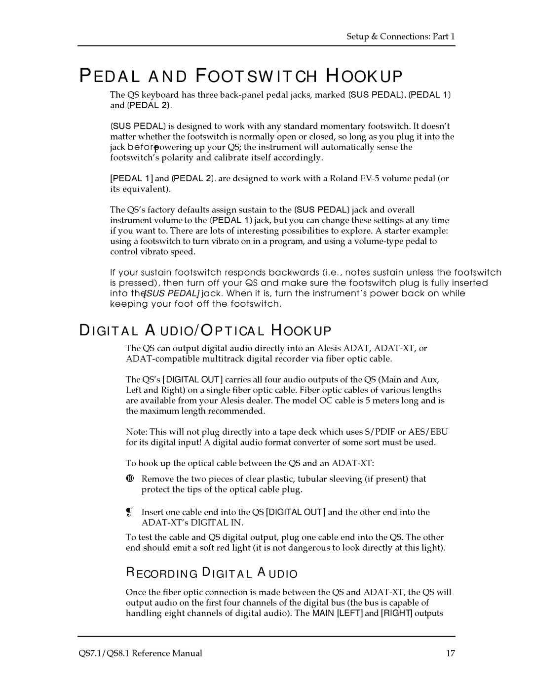 Alesis QS7.1, QS8.1 manual Pedal and Footswitch Hookup, Digital a UDIO/OPTICAL Hookup, Ecording Digital Audio 