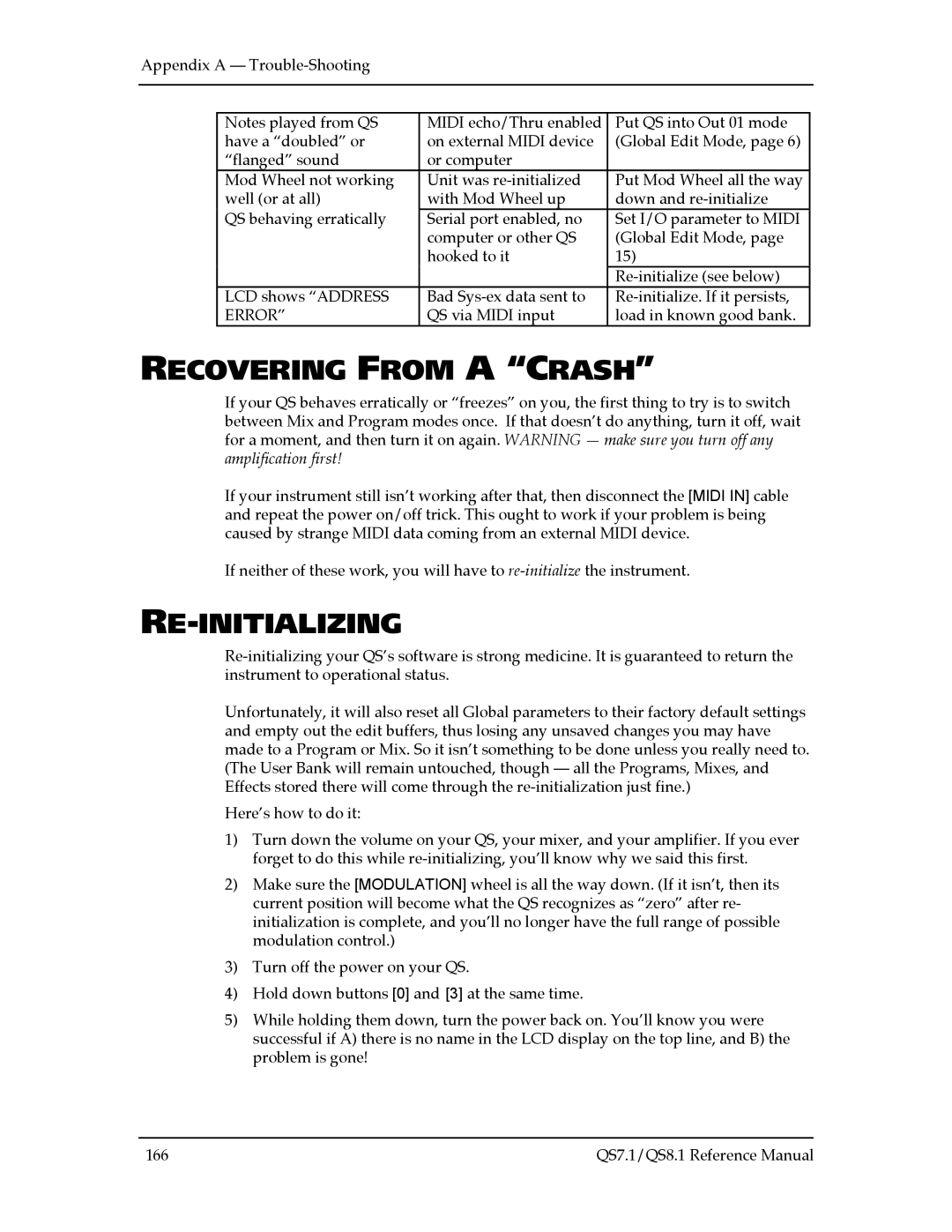 Alesis QS8.1, QS7.1 manual Recovering from a Crash, Re-Initializing 