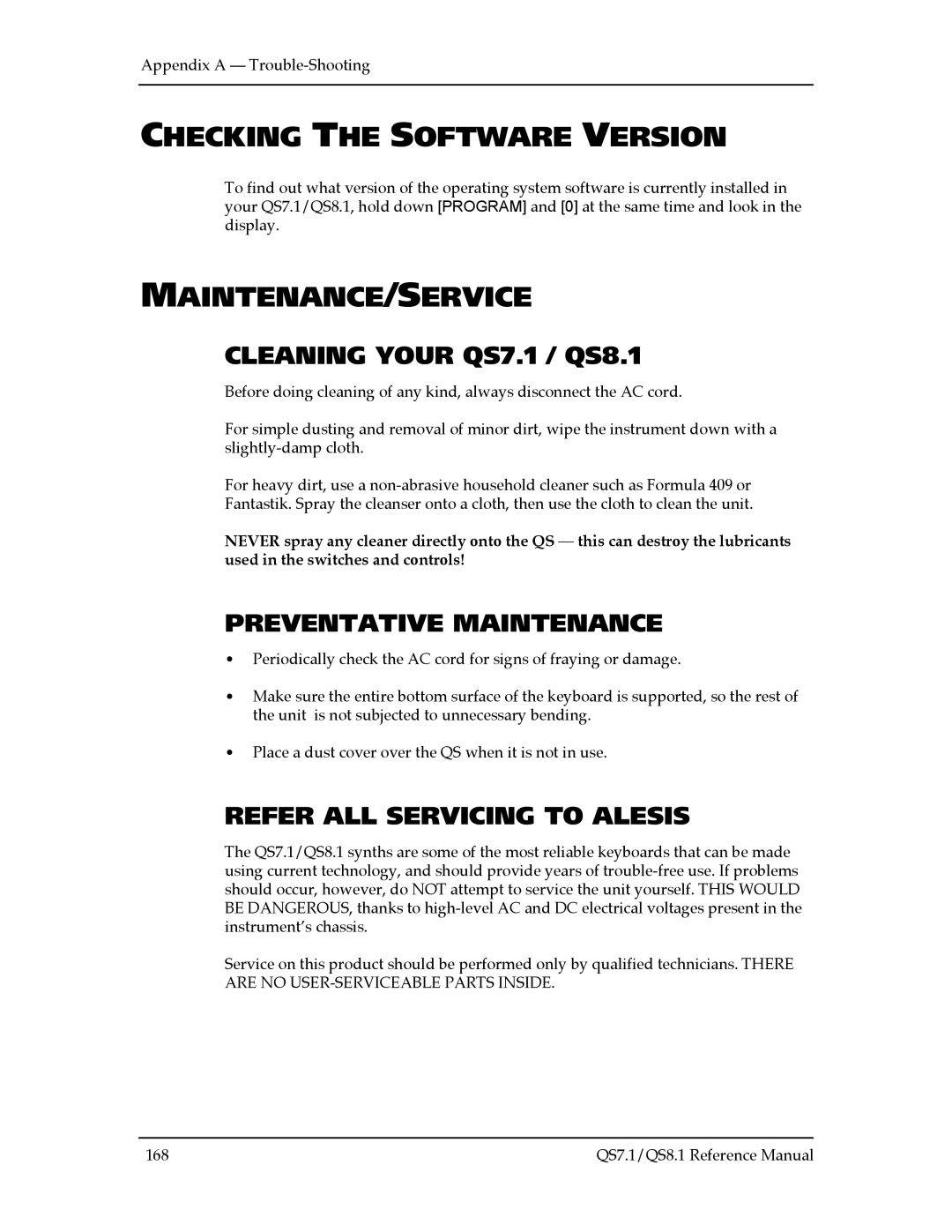 Alesis manual Checking the Software Version, Maintenance/Service, Cleaning Your QS7.1 / QS8.1, Preventative Maintenance 