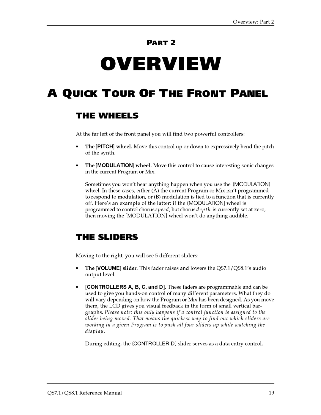 Alesis QS8.1, QS7.1 manual Quick Tour of the Front Panel, Wheels, Sliders 