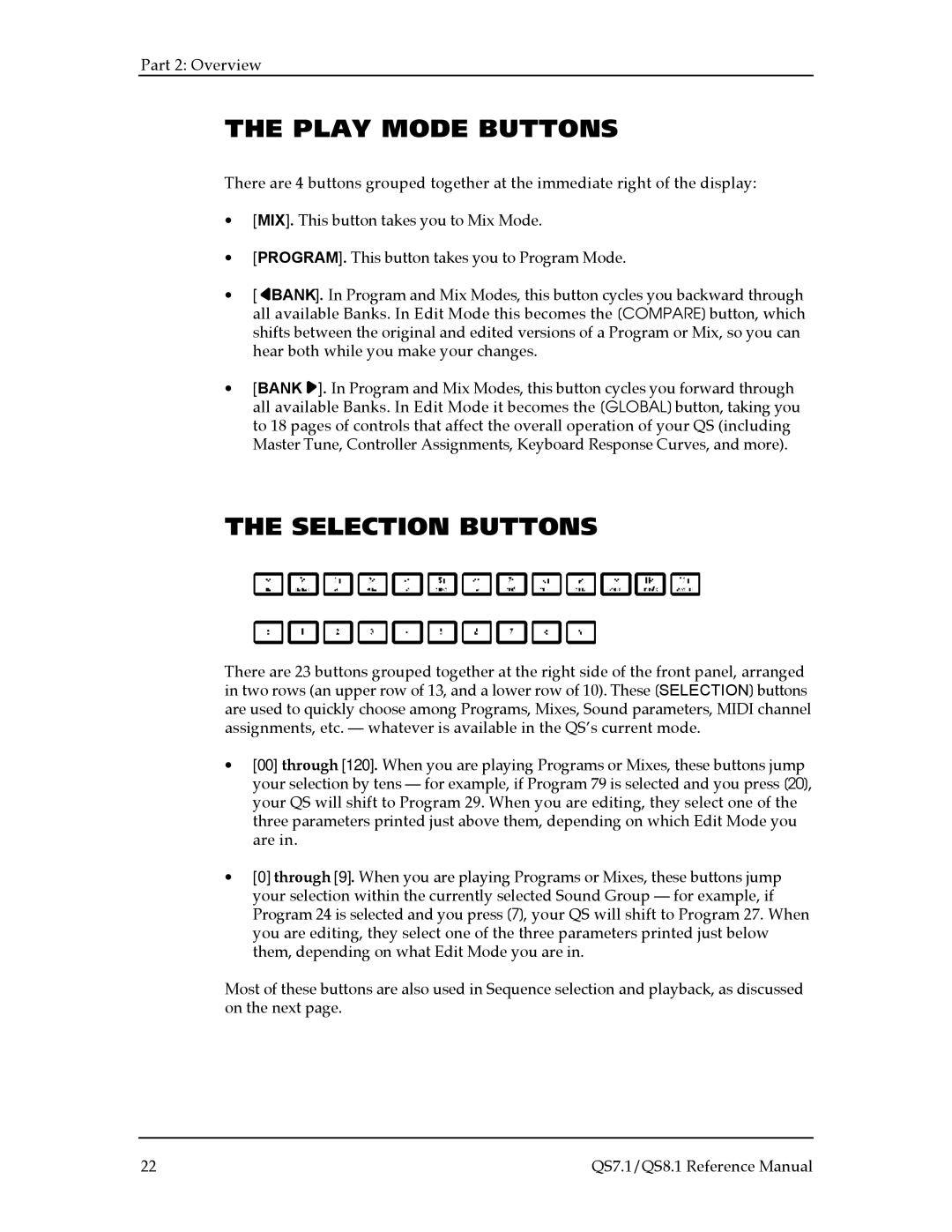 Alesis QS7.1, QS8.1 manual Play Mode Buttons, Selection Buttons 