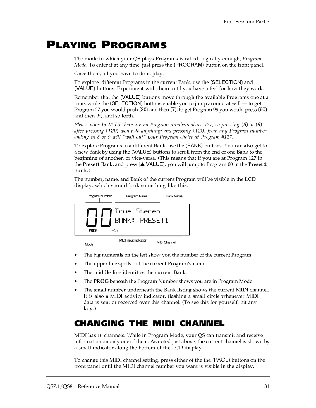 Alesis QS7.1, QS8.1 manual Playing Programs, Changing the Midi Channel 