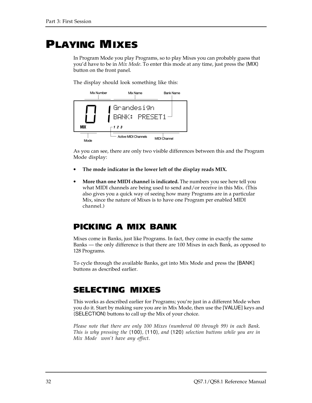 Alesis QS8.1, QS7.1 manual Playing Mixes, Picking a MIX Bank, Selecting Mixes 