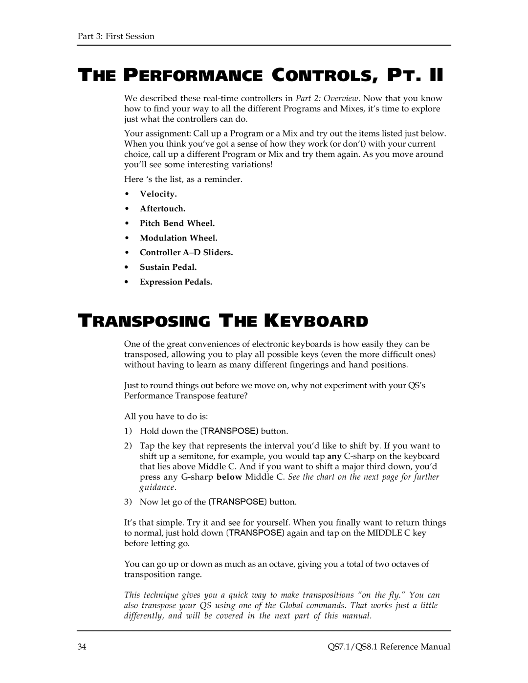 Alesis QS8.1, QS7.1 manual Performance CONTROLS, PT, Transposing the Keyboard 