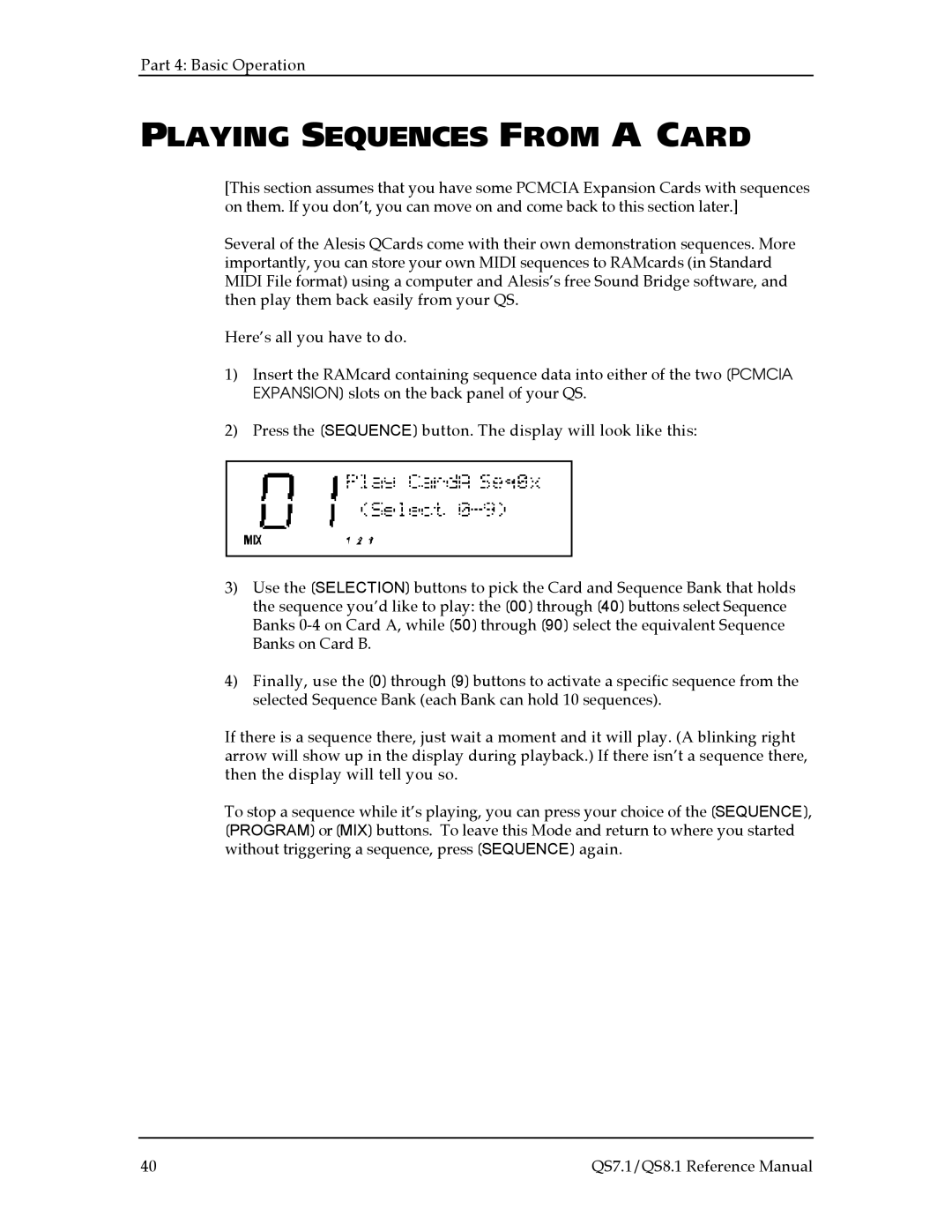 Alesis QS7.1, QS8.1 manual Playing Sequences from a Card 