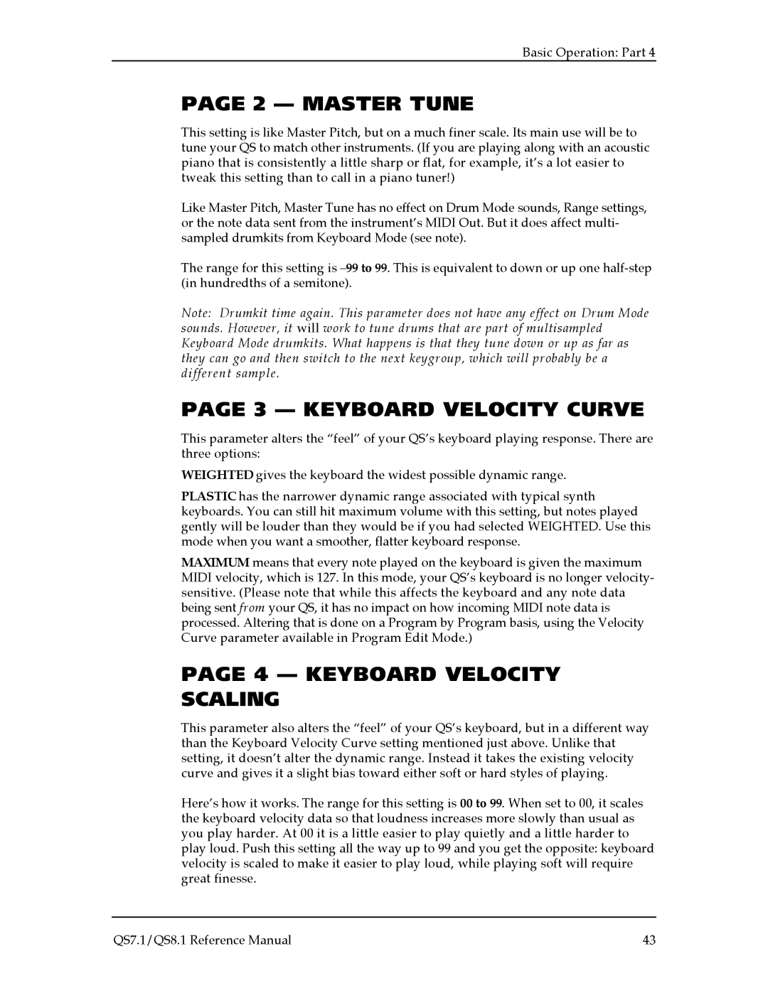 Alesis QS8.1, QS7.1 manual Master Tune, Keyboard Velocity Curve, Keyboard Velocity Scaling 