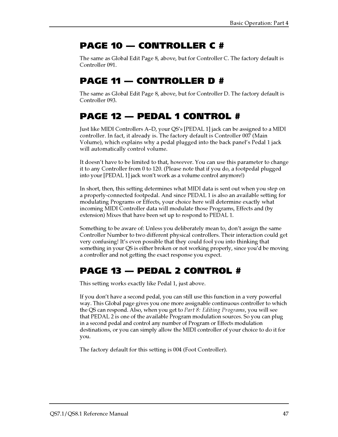 Alesis QS8.1, QS7.1 manual Controller C #, Controller D #, Pedal 1 Control #, Pedal 2 Control # 