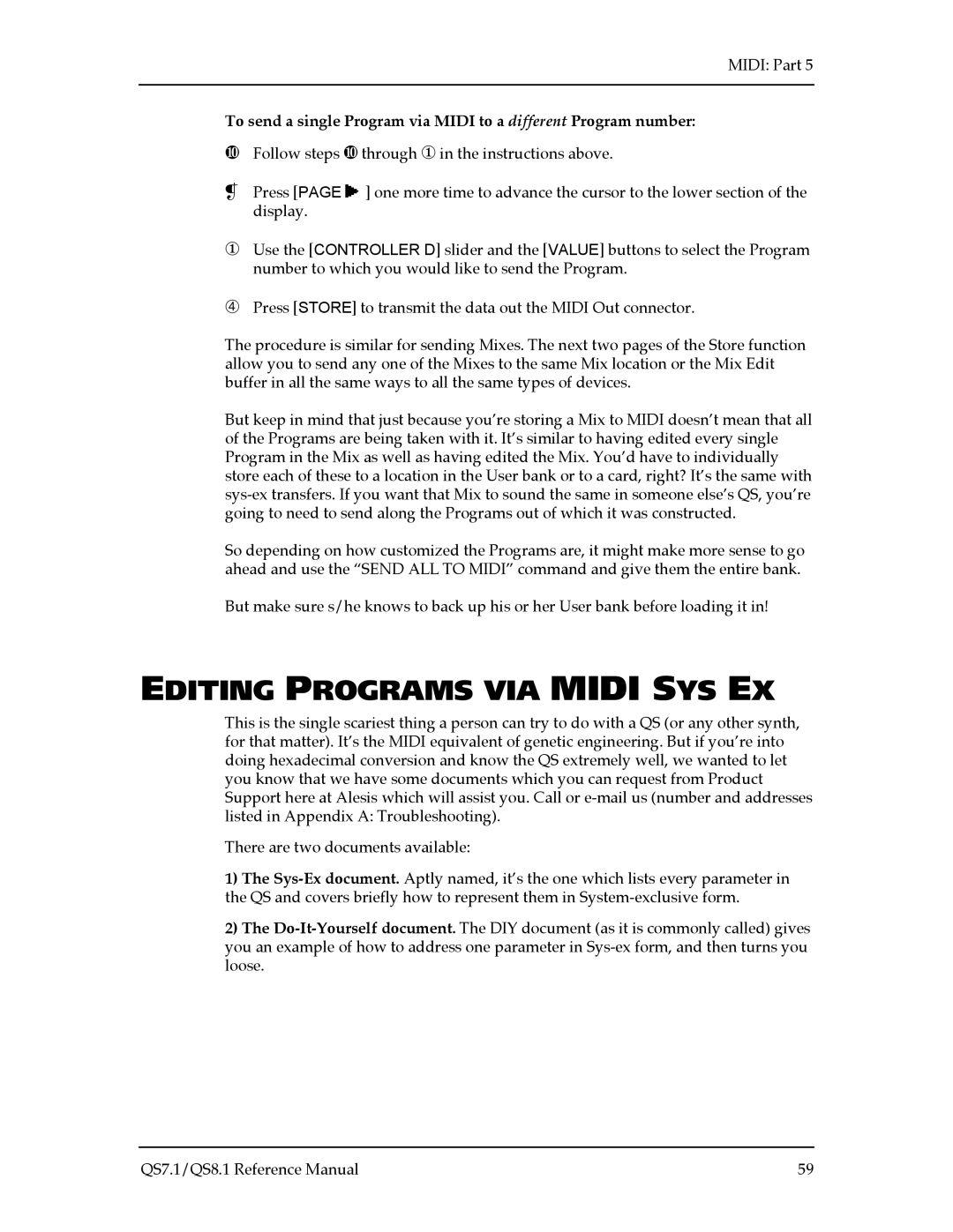 Alesis QS7.1, QS8.1 manual Editing Programs VIA Midi SYS EX 