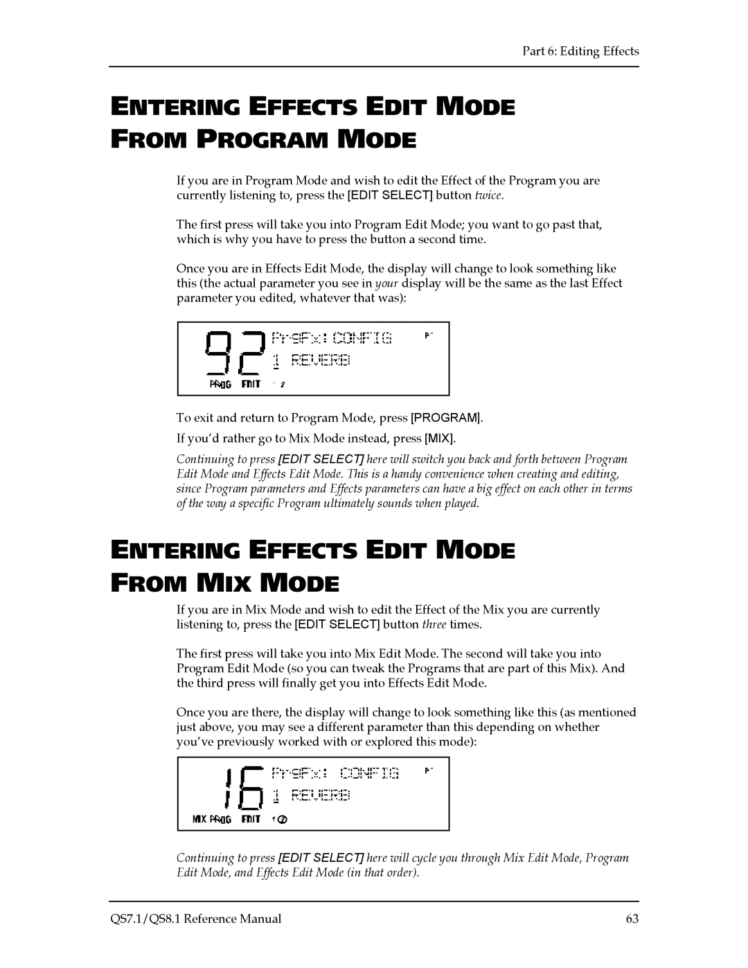 Alesis QS7.1, QS8.1 manual Entering Effects Edit Mode from Program Mode, Entering Effects Edit Mode from MIX Mode 