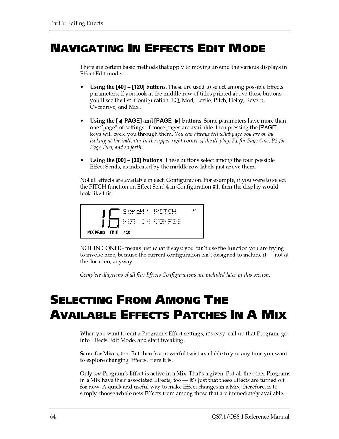 Alesis QS8.1, QS7.1 manual Navigating in Effects Edit Mode, Selecting from Among Available Effects Patches in a MIX 