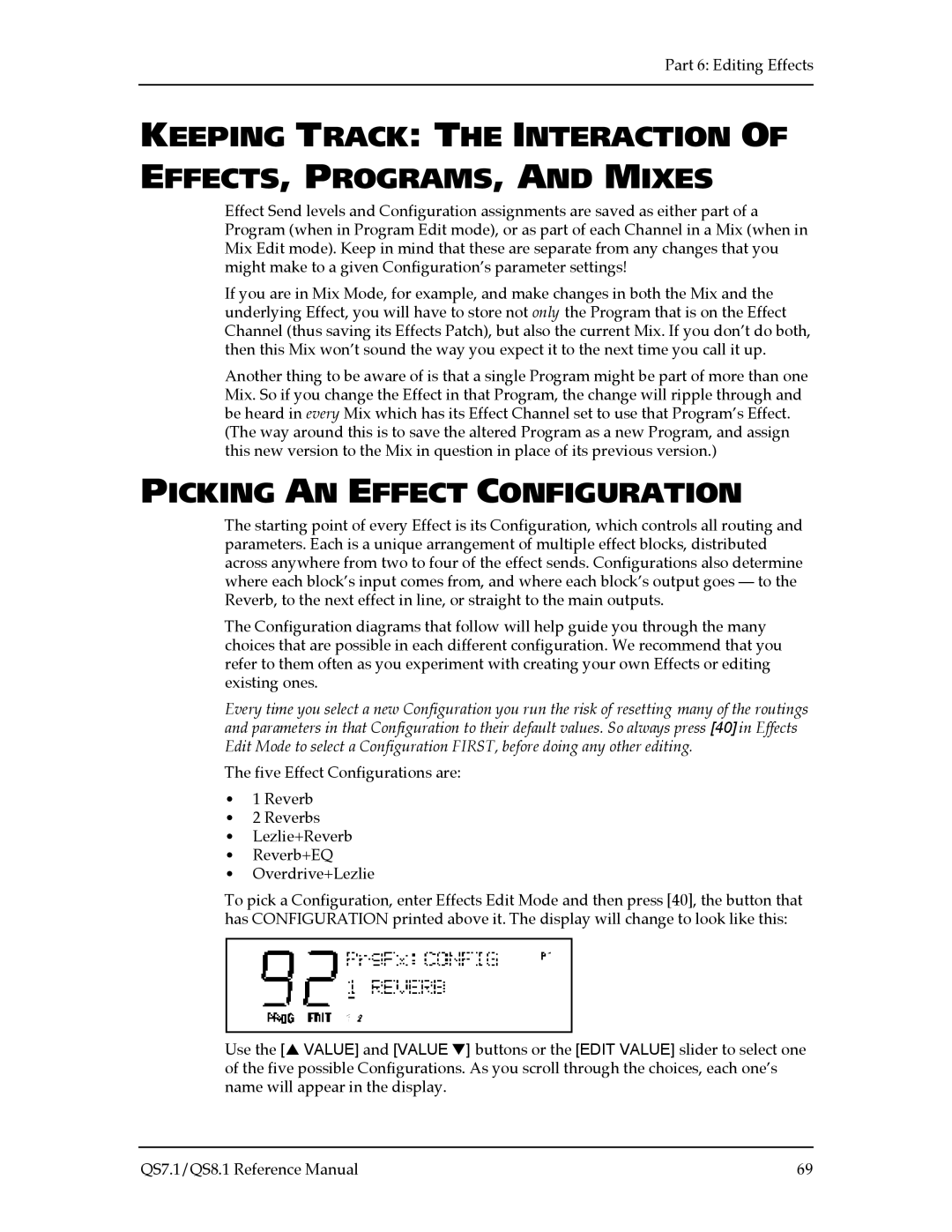 Alesis QS7.1, QS8.1 manual Keeping Track the Interaction EFFECTS, PROGRAMS, and Mixes, Picking AN Effect Configuration 