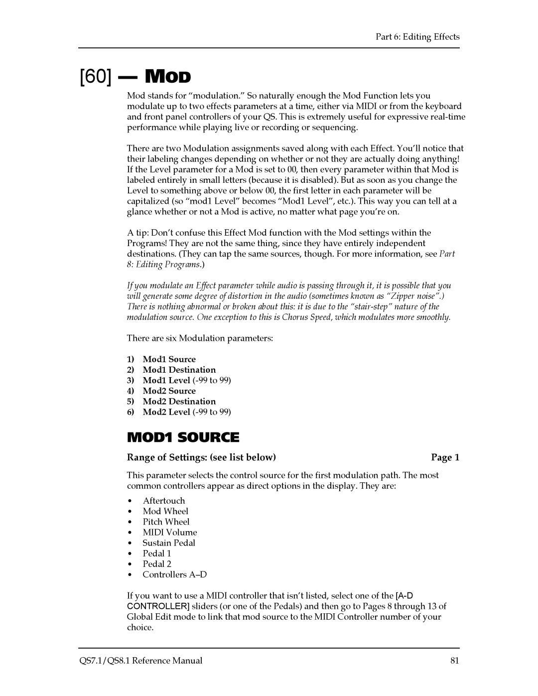 Alesis QS7.1, QS8.1 manual MOD1 Source, Range of Settings see list below 