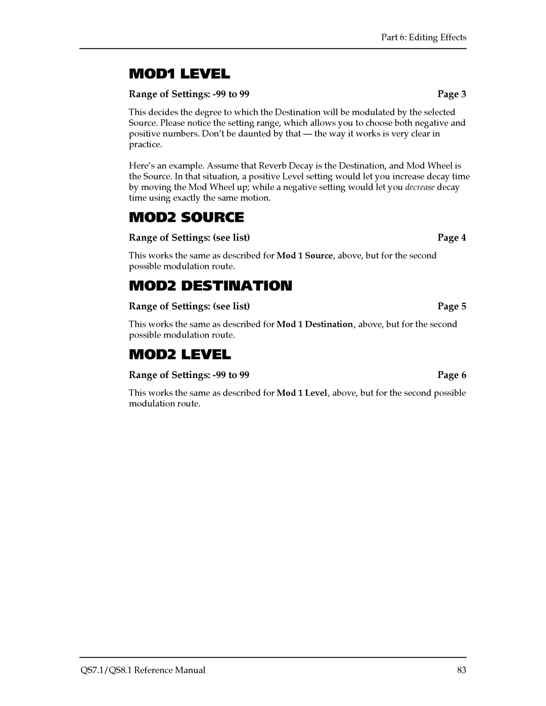 Alesis QS7.1, QS8.1 manual MOD1 Level, MOD2 Source, MOD2 Destination, MOD2 Level 