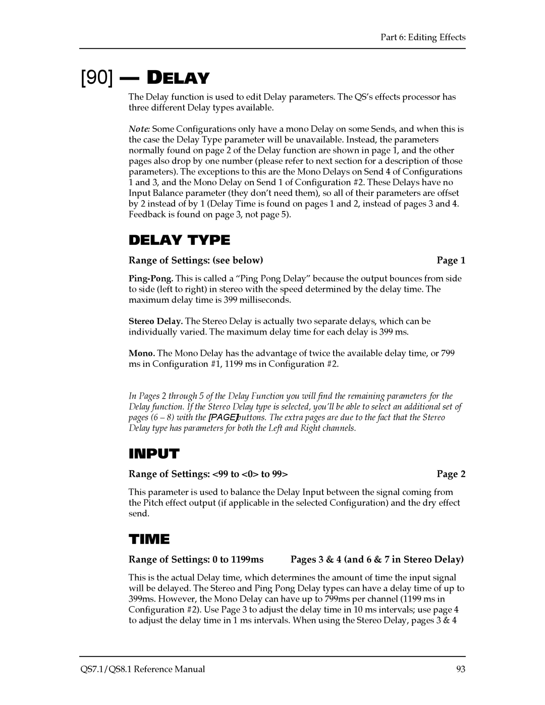 Alesis QS7.1, QS8.1 manual Delay Type, Time, Range of Settings see below, Range of Settings 99 to 0 to 