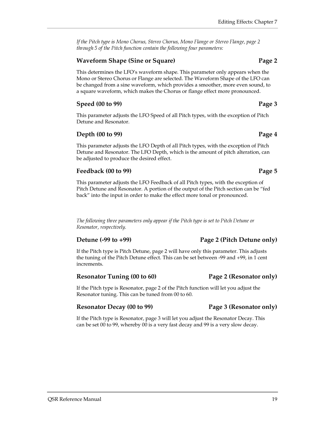 Alesis QSR 64 manual Waveform Shape Sine or Square, Depth 00 to, Feedback 00 to, Detune -99 to +99 2 Pitch Detune only 