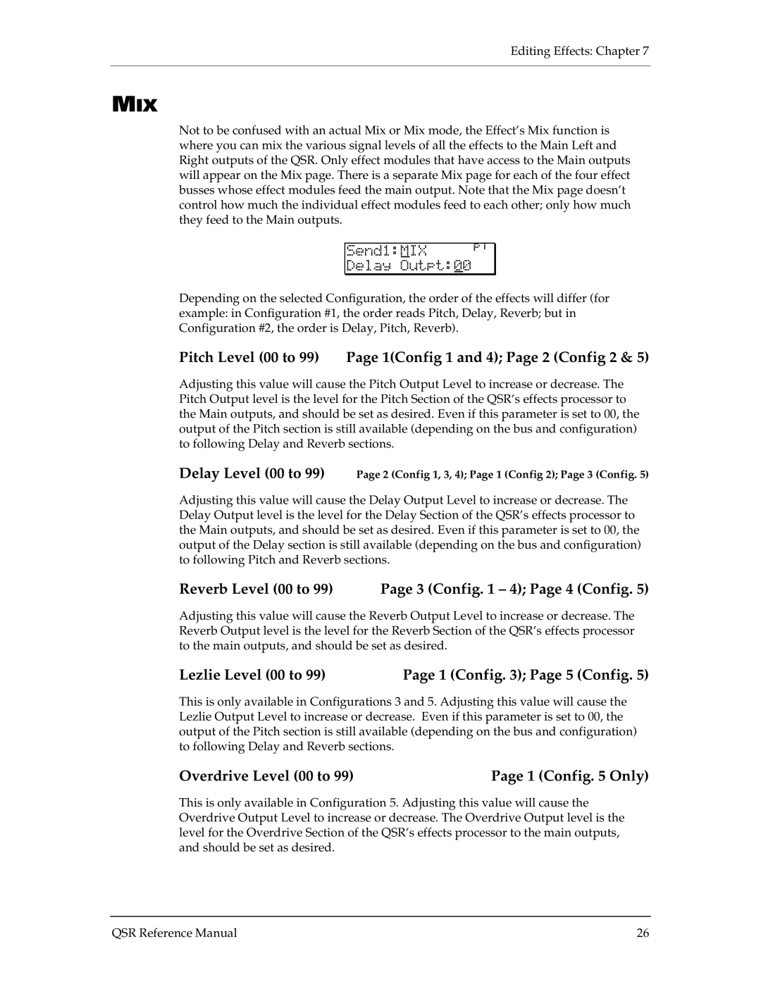 Alesis QSR 64 Mix, Pitch Level 00 to 99 Page 1Config 1 and 4 Page 2 Config 2, Lezlie Level 00 to 1 Config Page 5 Config 