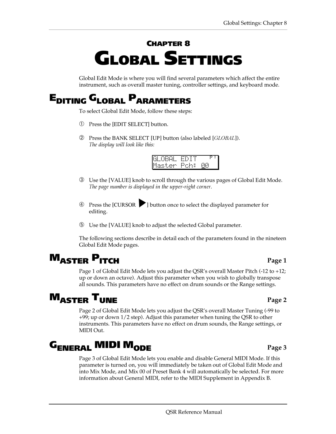 Alesis QSR 64 manual Editing Global Parameters, Master Pitch, Master Tune, General Midi Mode, Global Edit πå Master Pch 