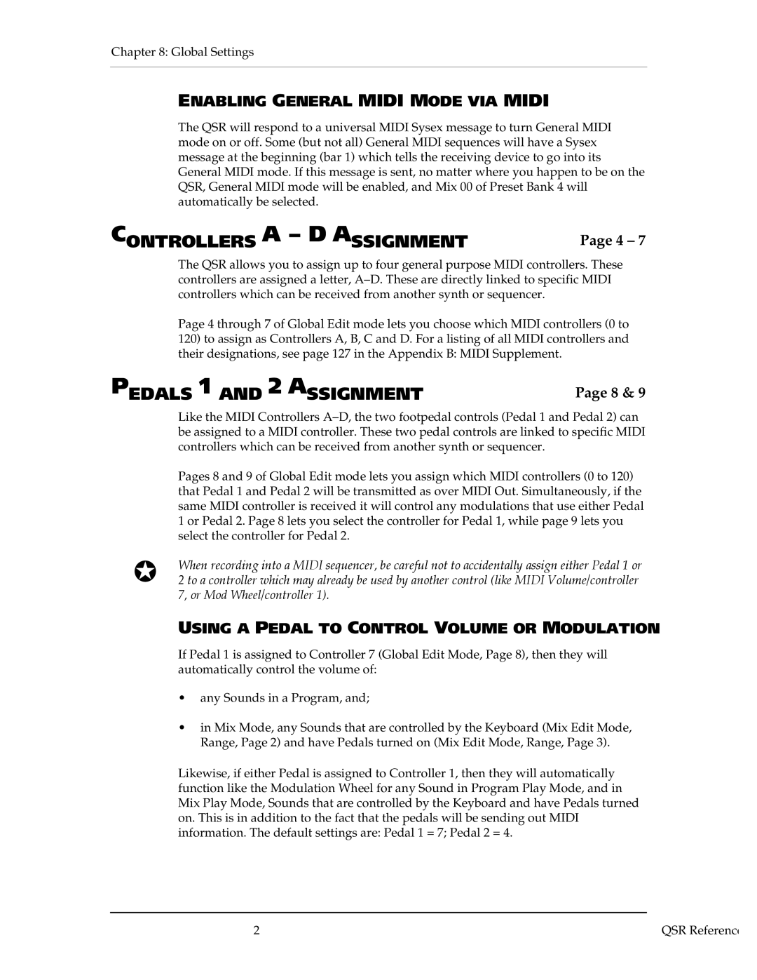 Alesis QSR 64 manual Controllers a D Assignment, Pedals 1 and 2 Assignment 