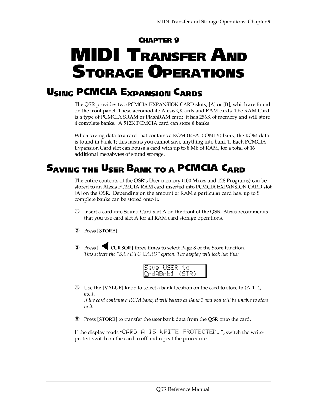 Alesis QSR 64 manual Using Pcmcia Expansion Cards, Saving the User Bank to a Pcmcia Card, Save User to CrdABnk1 STR 