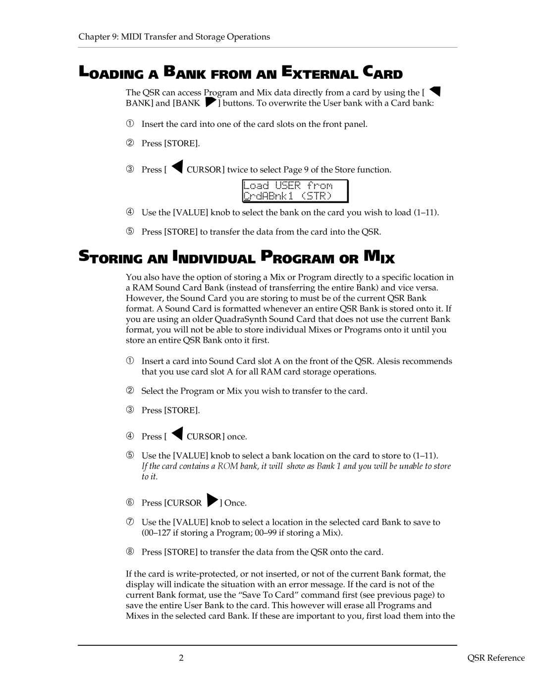 Alesis QSR 64 Loading a Bank from AN External Card, Storing AN Individual Program or MIX, Load User from CrdABnk1 STR 