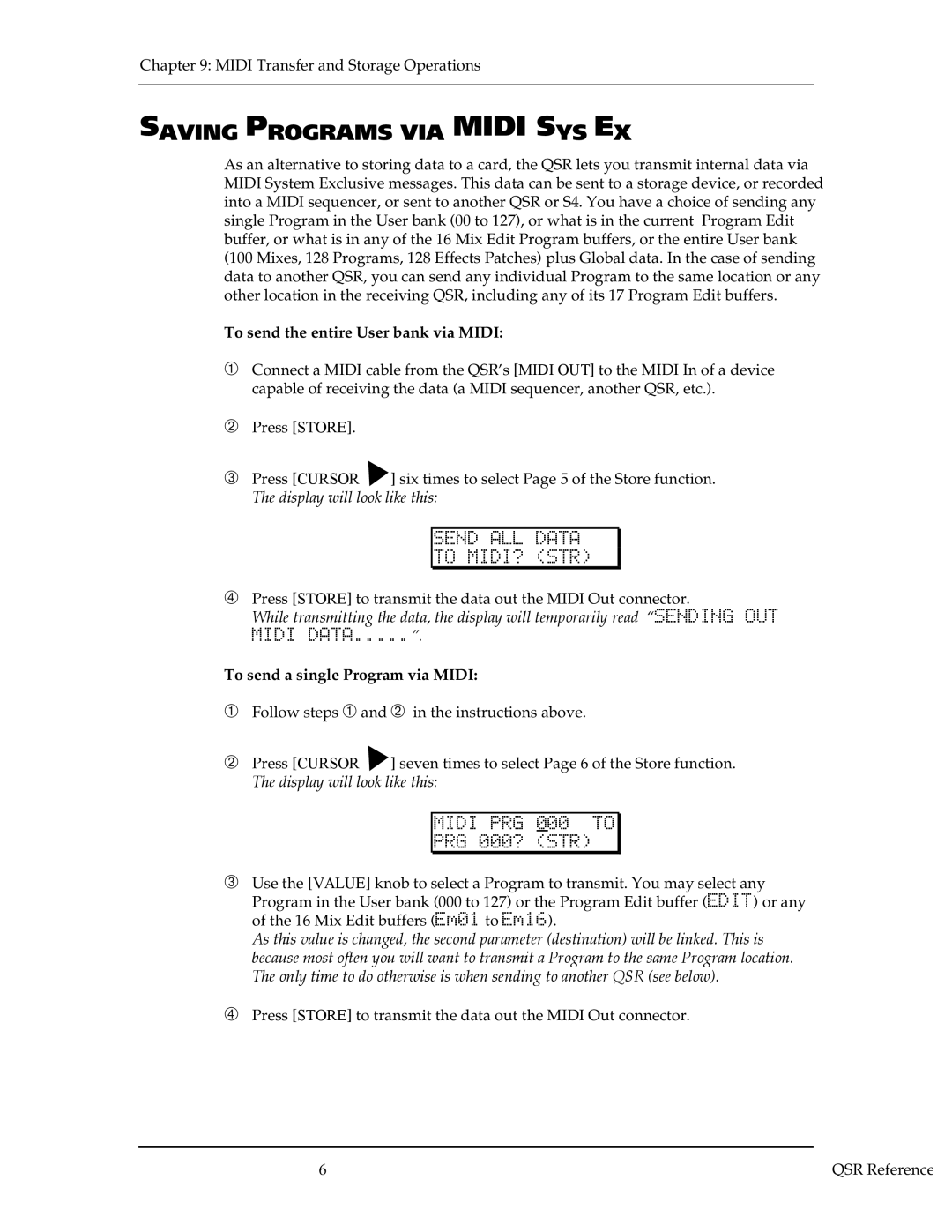 Alesis QSR 64 manual Saving Programs VIA Midi SYS EX, PRG 000? STR 
