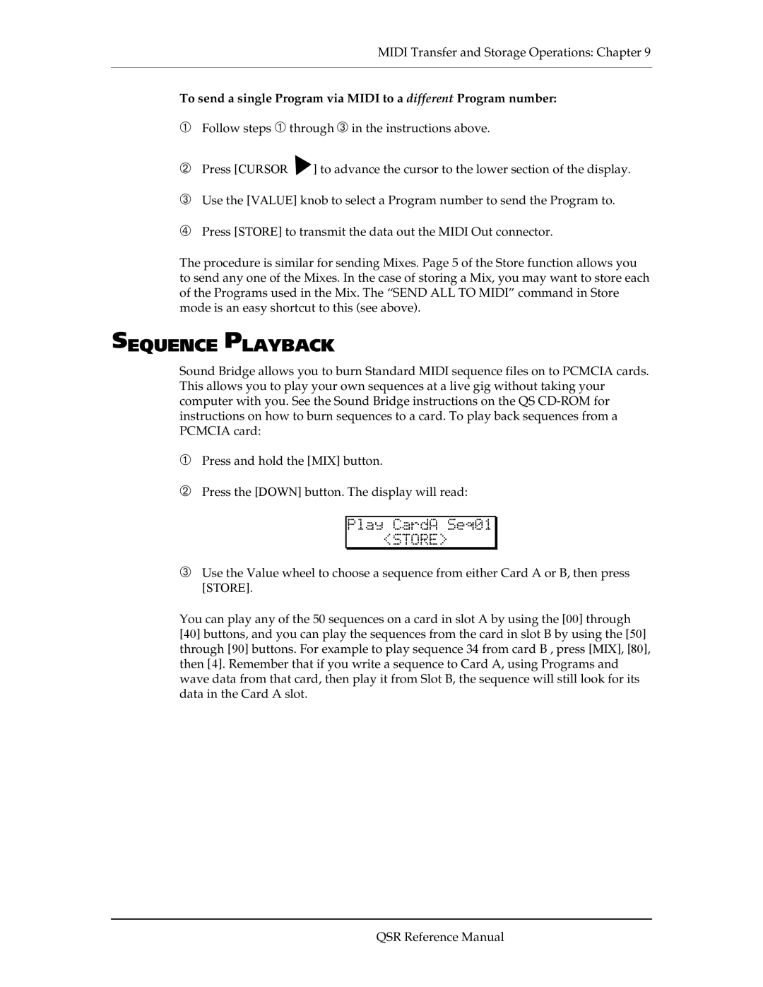 Alesis QSR 64 manual Sequence Playback, Play CardA Seq01 Store 