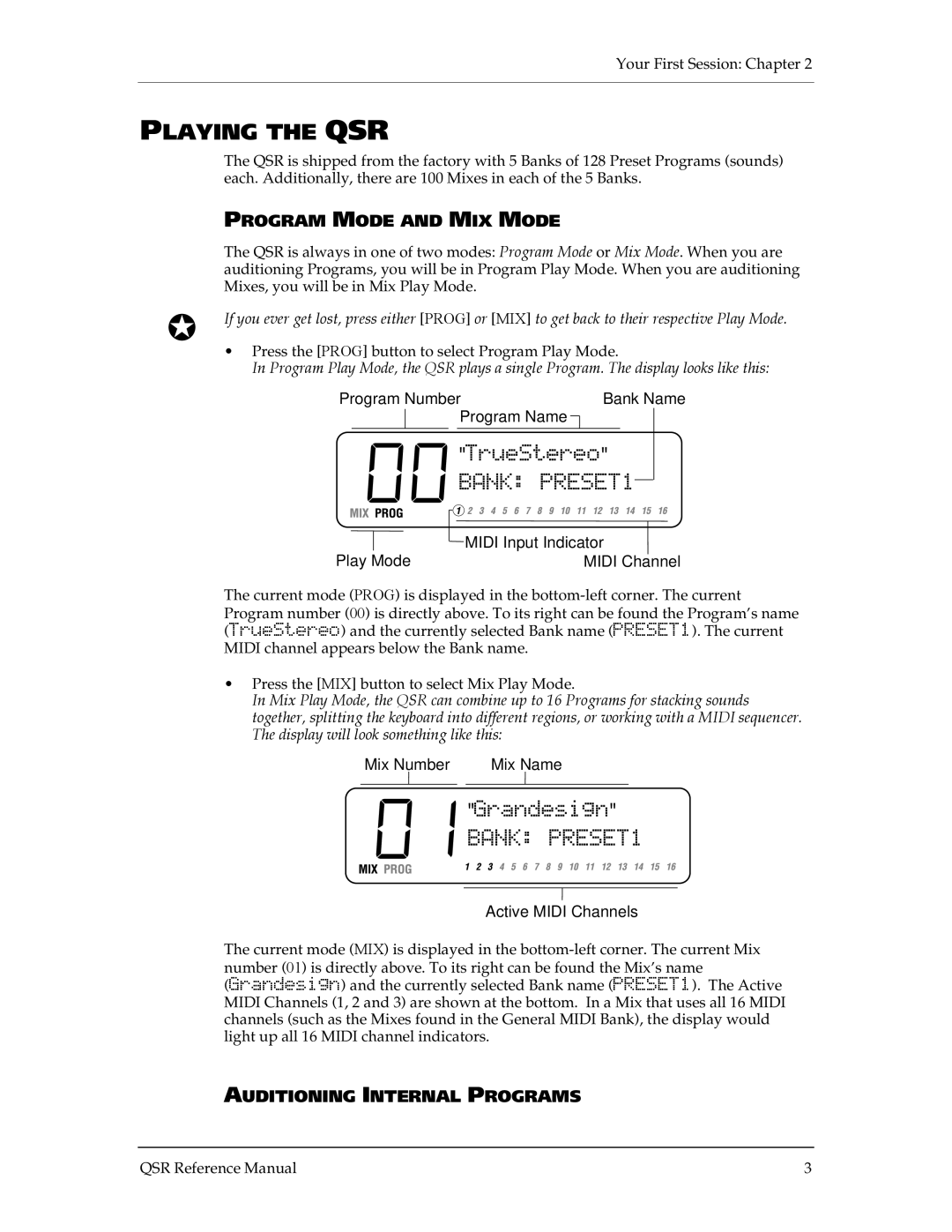 Alesis QSR 64 manual Playing the QSR, Program Mode and MIX Mode, Auditioning Internal Programs 