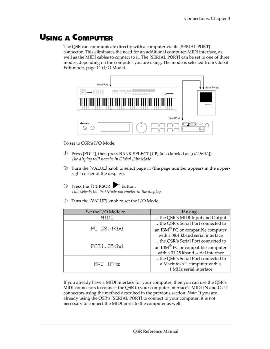 Alesis QSR 64 manual Using a Computer, PC 38.4Kbd, PC31.25Kbd, MAC 1MHz 