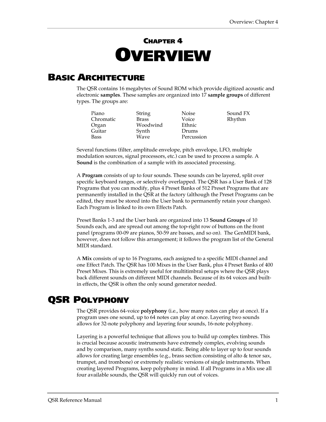 Alesis QSR 64 manual Basic Architecture, QSR Polyphony 