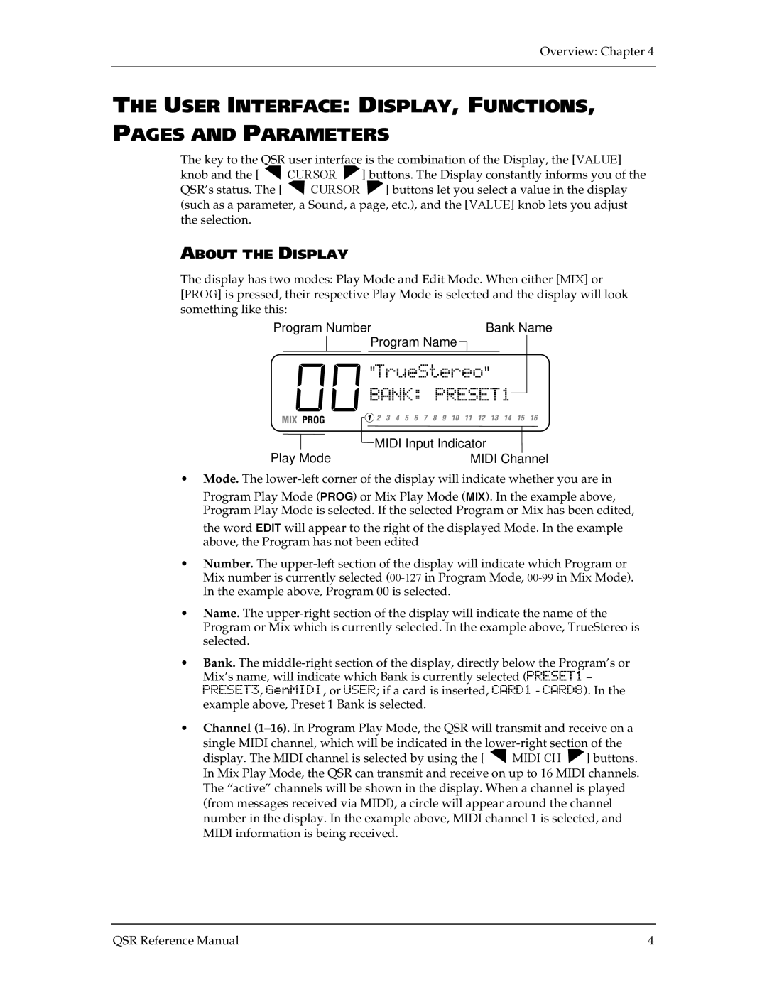 Alesis QSR 64 manual User Interface DISPLAY, FUNCTIONS, Pages and Parameters, About the Display 