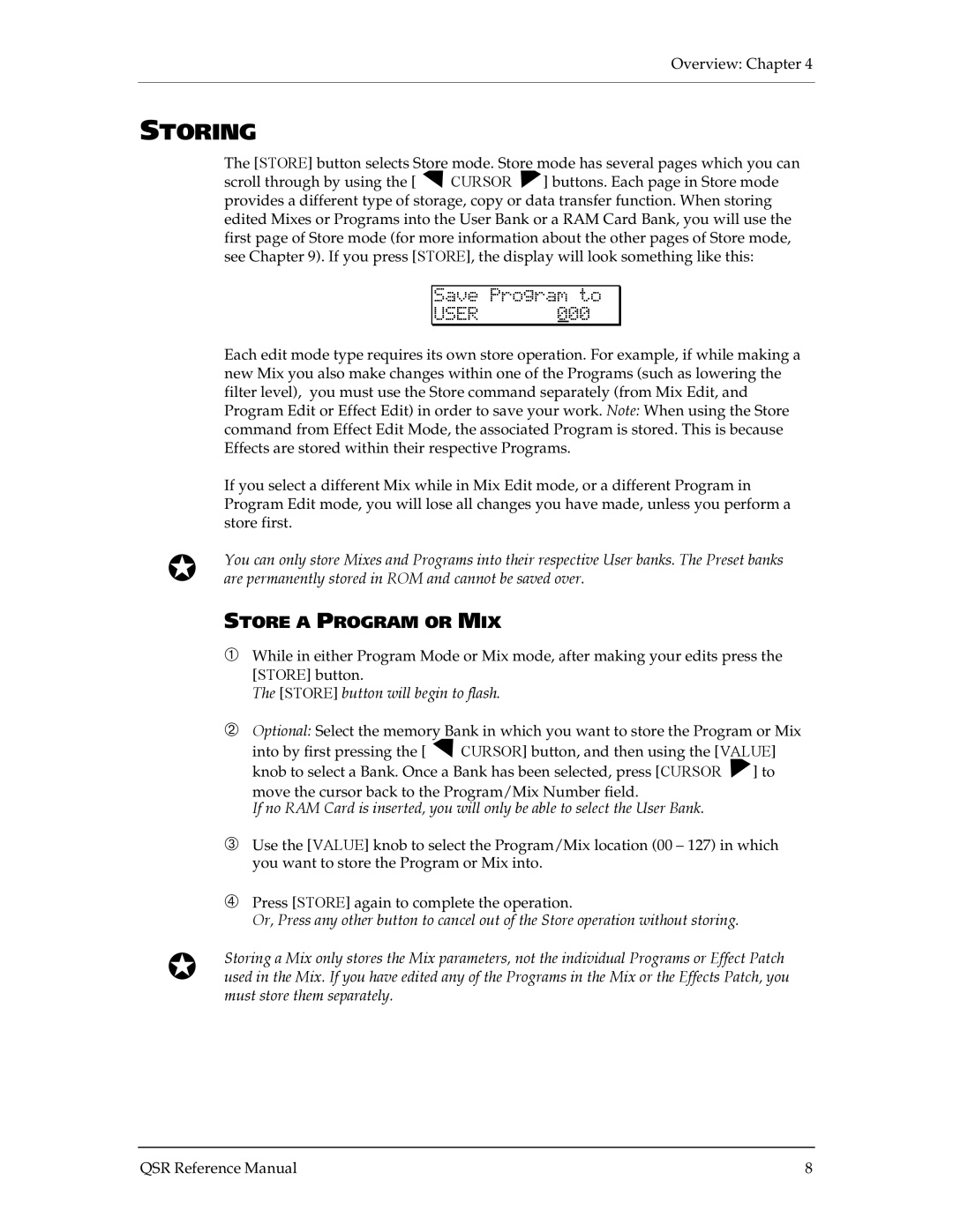 Alesis QSR 64 manual Storing, Store a Program or MIX, Save Program to User 