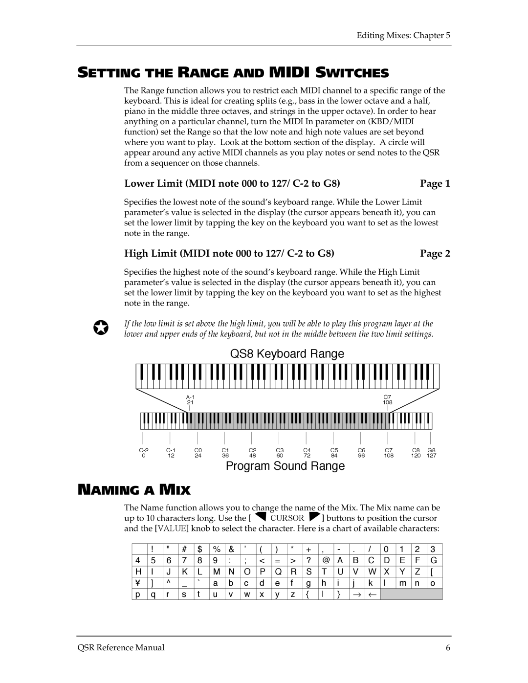 Alesis QSR 64 manual Setting the Range and Midi Switches, Naming a MIX, Lower Limit Midi note 000 to 127/ C-2 to G8 