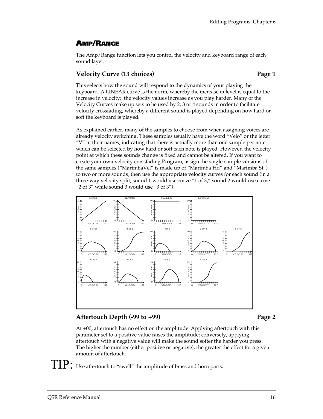 Alesis QSR 64 manual Velocity Curve 13 choices, Amp/Range 
