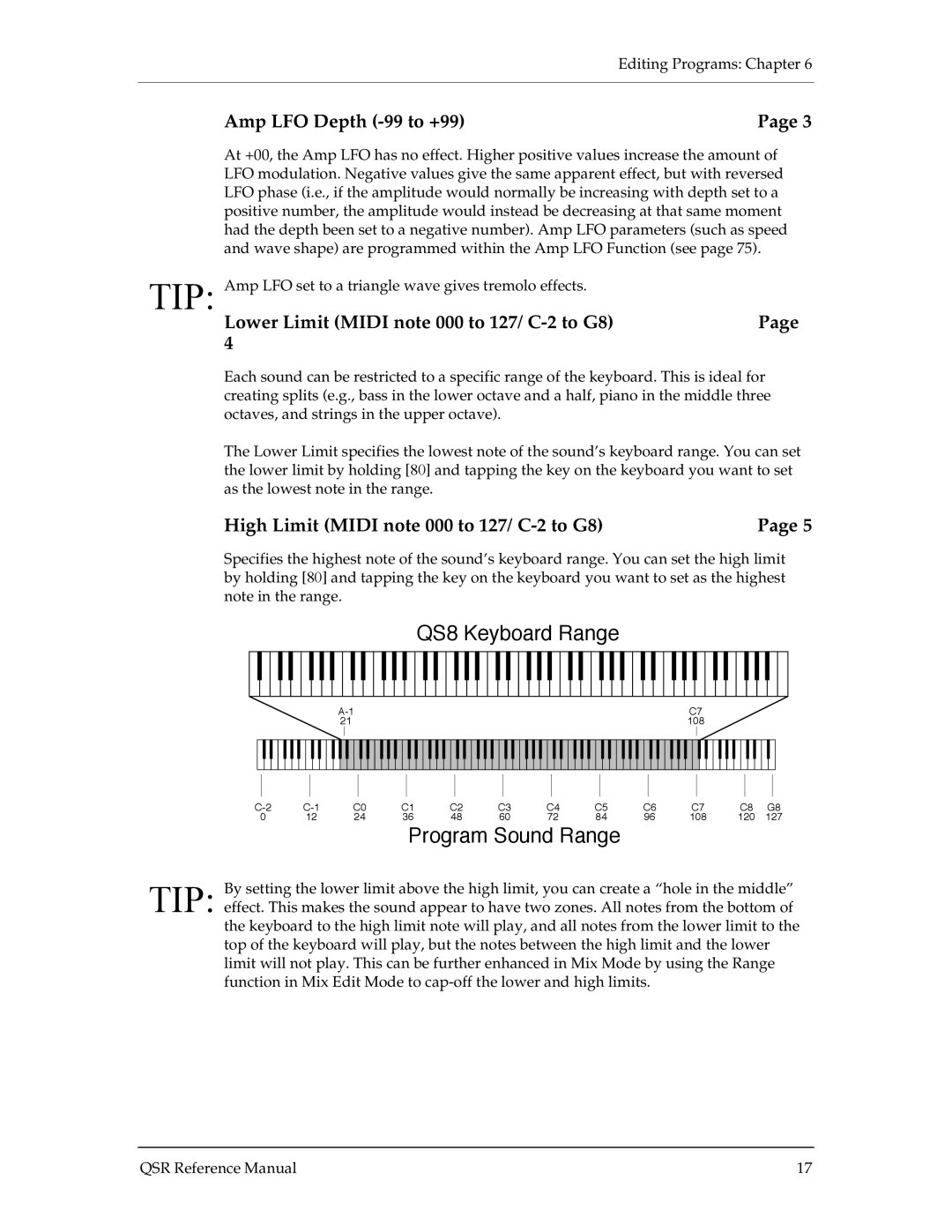 Alesis QSR 64 manual Amp LFO Depth -99 to +99, Lower Limit Midi note 000 to 127/ C-2 to G8 