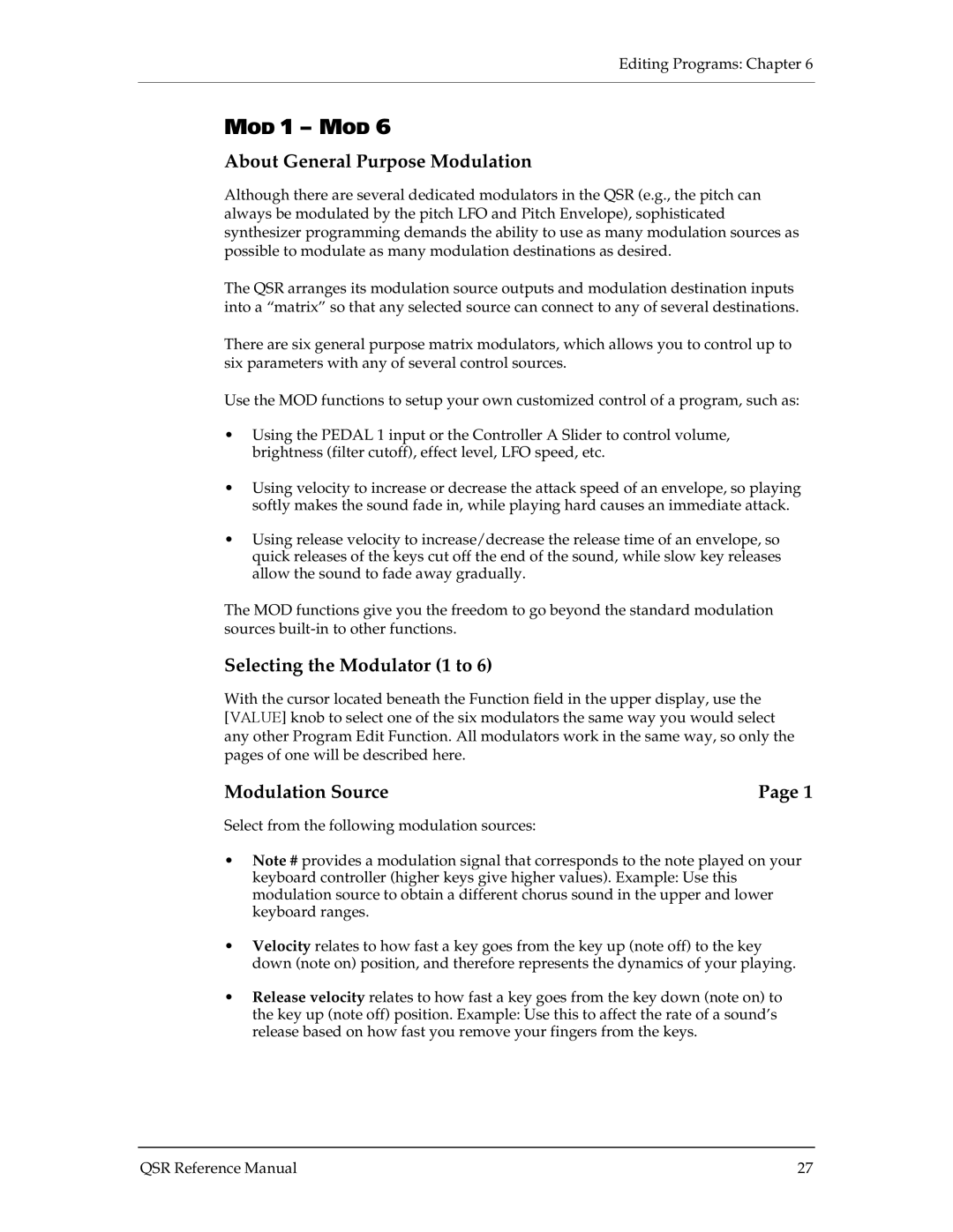 Alesis QSR 64 manual About General Purpose Modulation, Selecting the Modulator 1 to, Modulation Source 