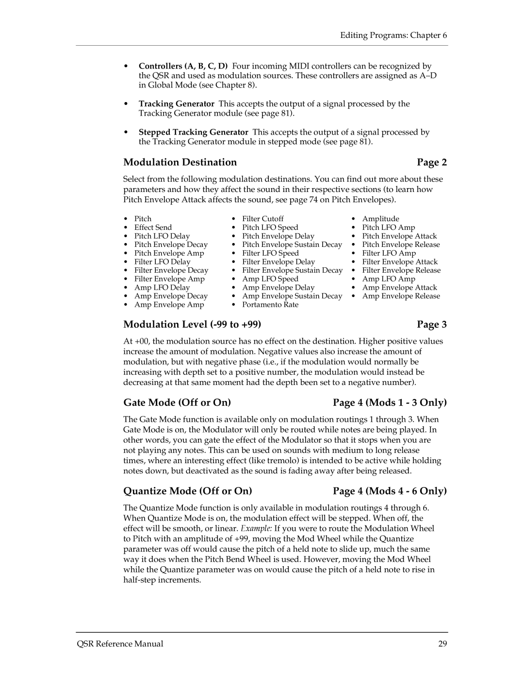 Alesis QSR 64 manual Modulation Destination, Modulation Level -99 to +99, Gate Mode Off or On 4 Mods 1 3 Only 