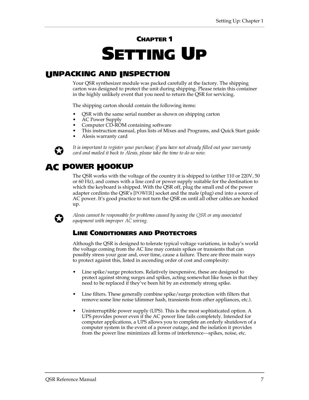 Alesis QSR 64 manual Unpacking and Inspection, AC Power Hookup, Chapter, Line Conditioners and Protectors 