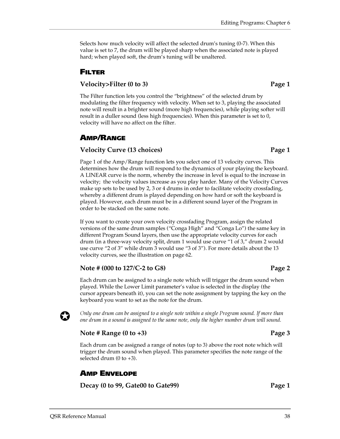 Alesis QSR 64 manual VelocityFilter 0 to, Decay 0 to 99, Gate00 to Gate99 