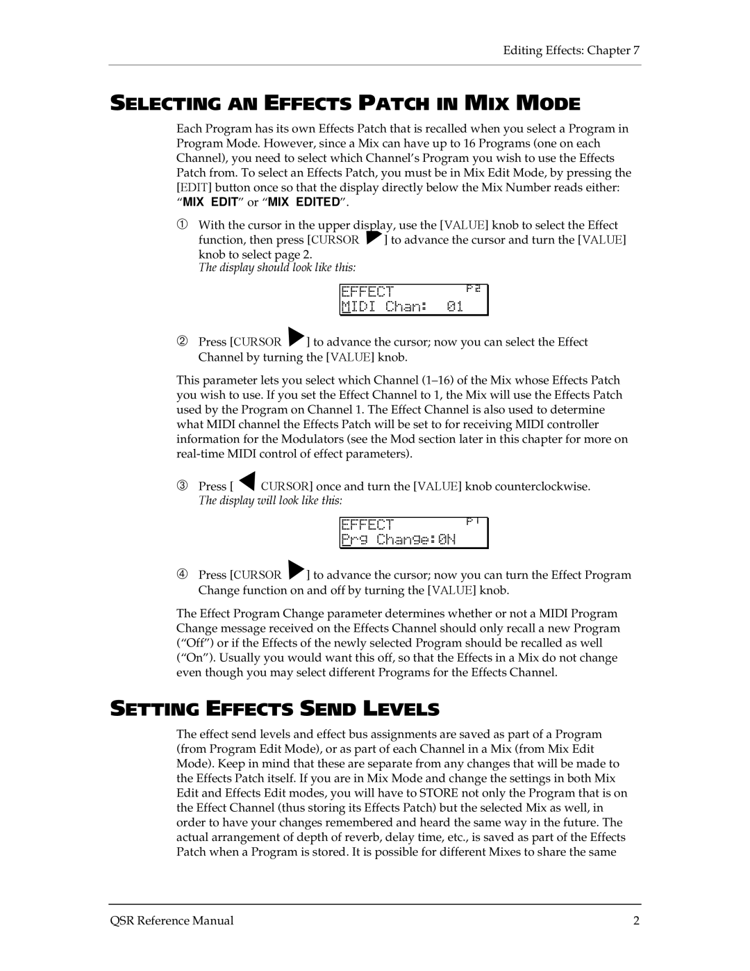 Alesis QSR 64 manual Selecting AN Effects Patch in MIX Mode, Setting Effects Send Levels, Effect πß Midi Chan, Prg Change0N 