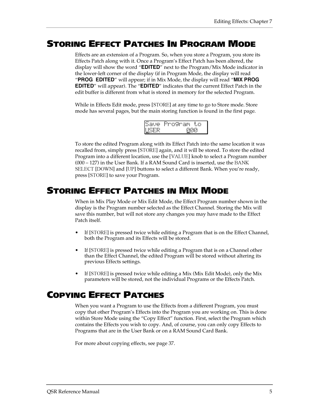 Alesis QSR 64 manual Storing Effect Patches in Program Mode, Storing Effect Patches in MIX Mode, Copying Effect Patches 