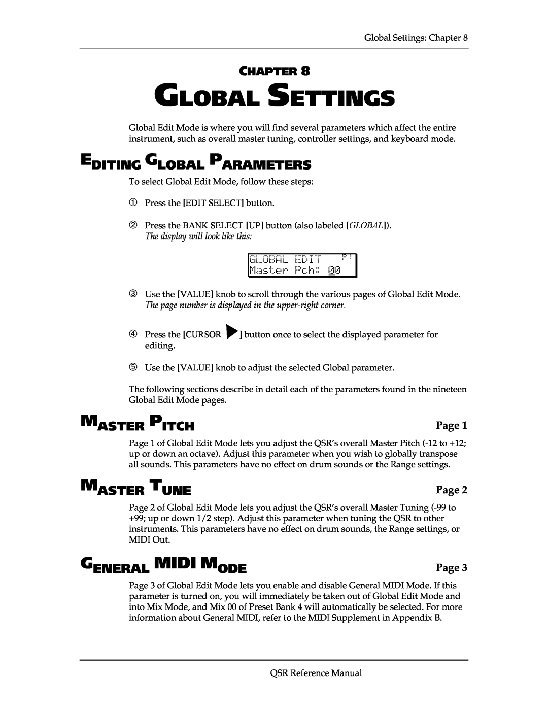 Alesis QSR 64 manual Global Settings, Editing Global Parameters, Master Pitch, Master Tune, General Midi Mode, Page 