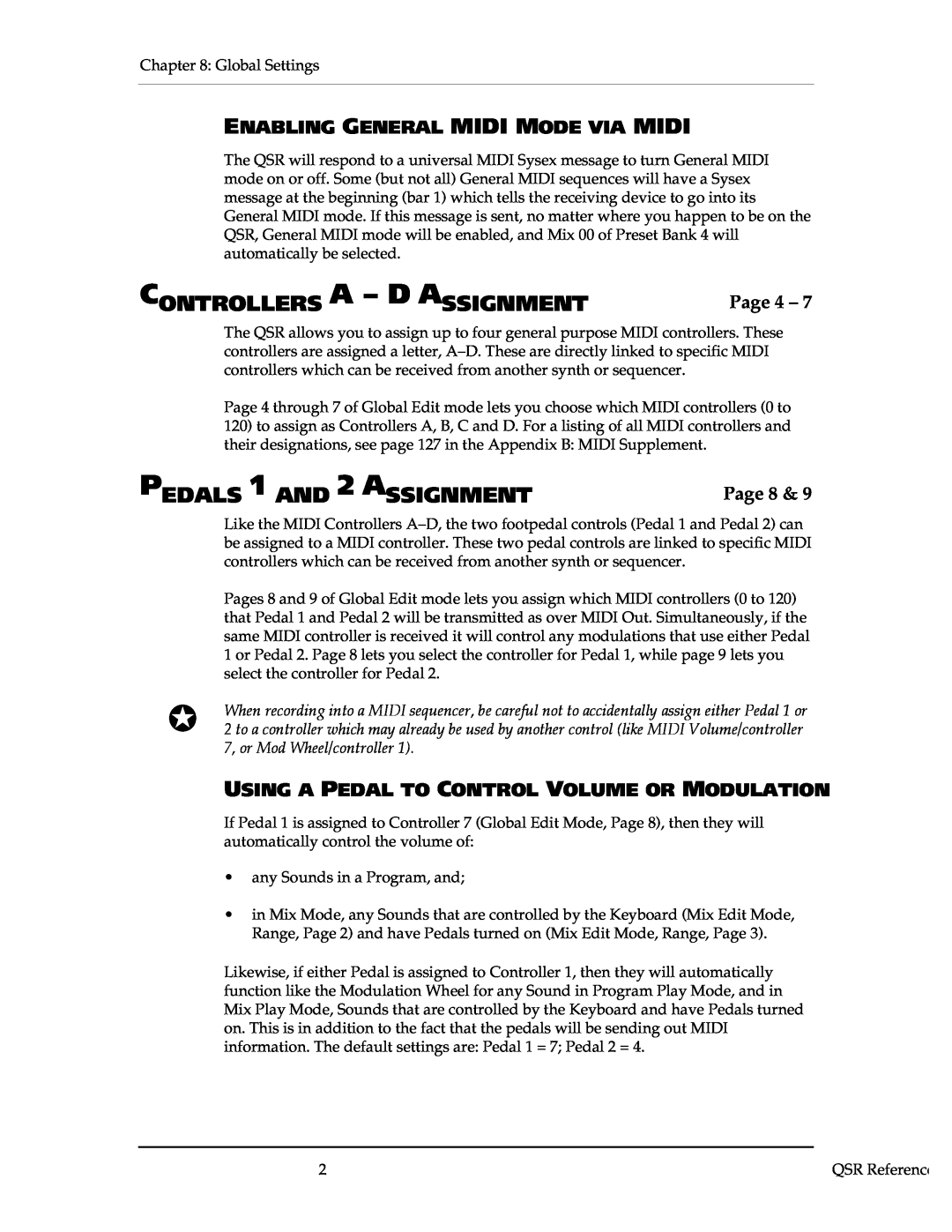 Alesis QSR 64 Controllers A - D Assignment, PEDALS 1 AND 2 ASSIGNMENT, Page 4, Page 8, Enabling General Midi Mode Via Midi 