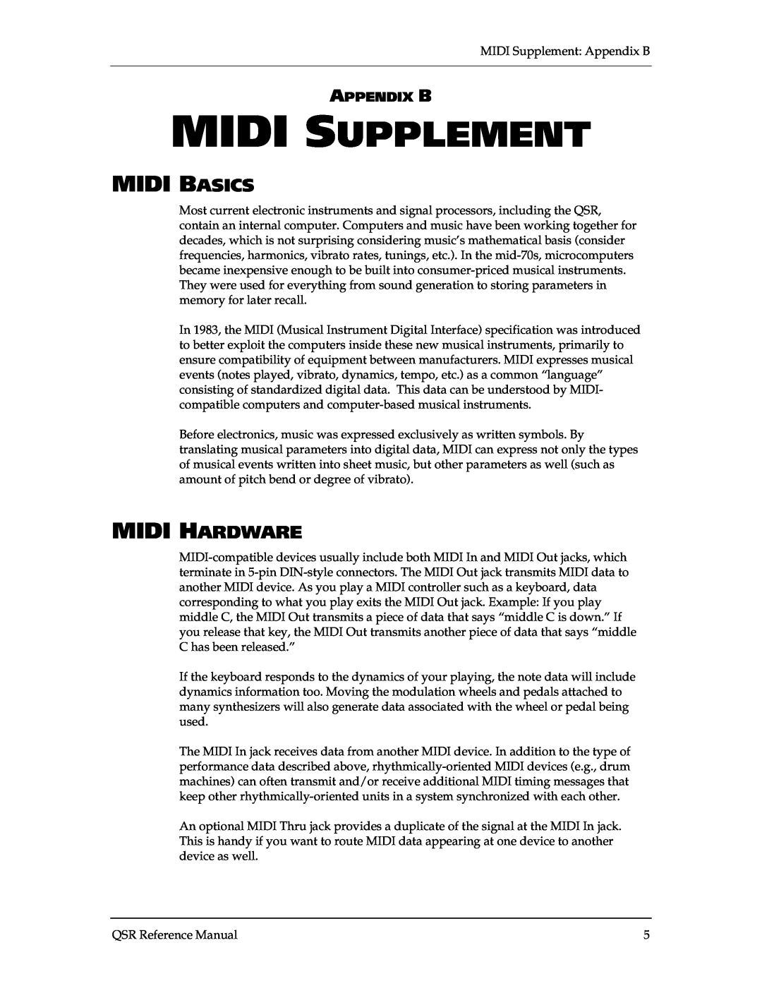Alesis QSR 64 manual Midi Supplement, Midi Basics, Midi Hardware, Appendix B 