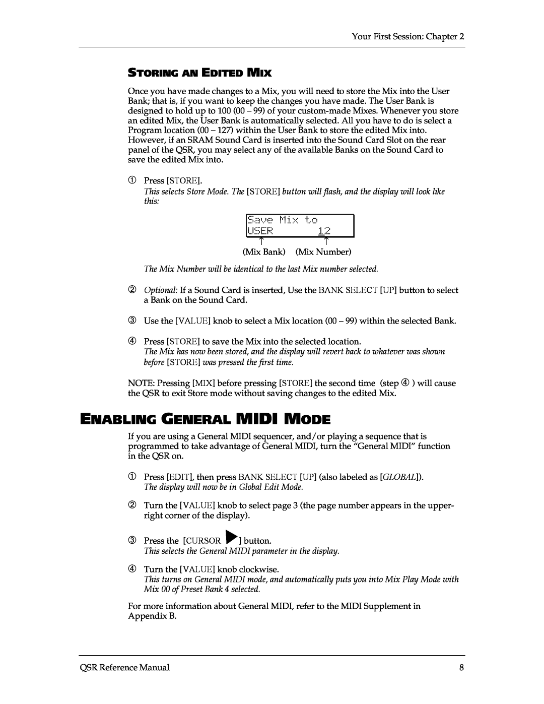 Alesis QSR 64 manual Enabling General Midi Mode, Storing An Edited Mix 